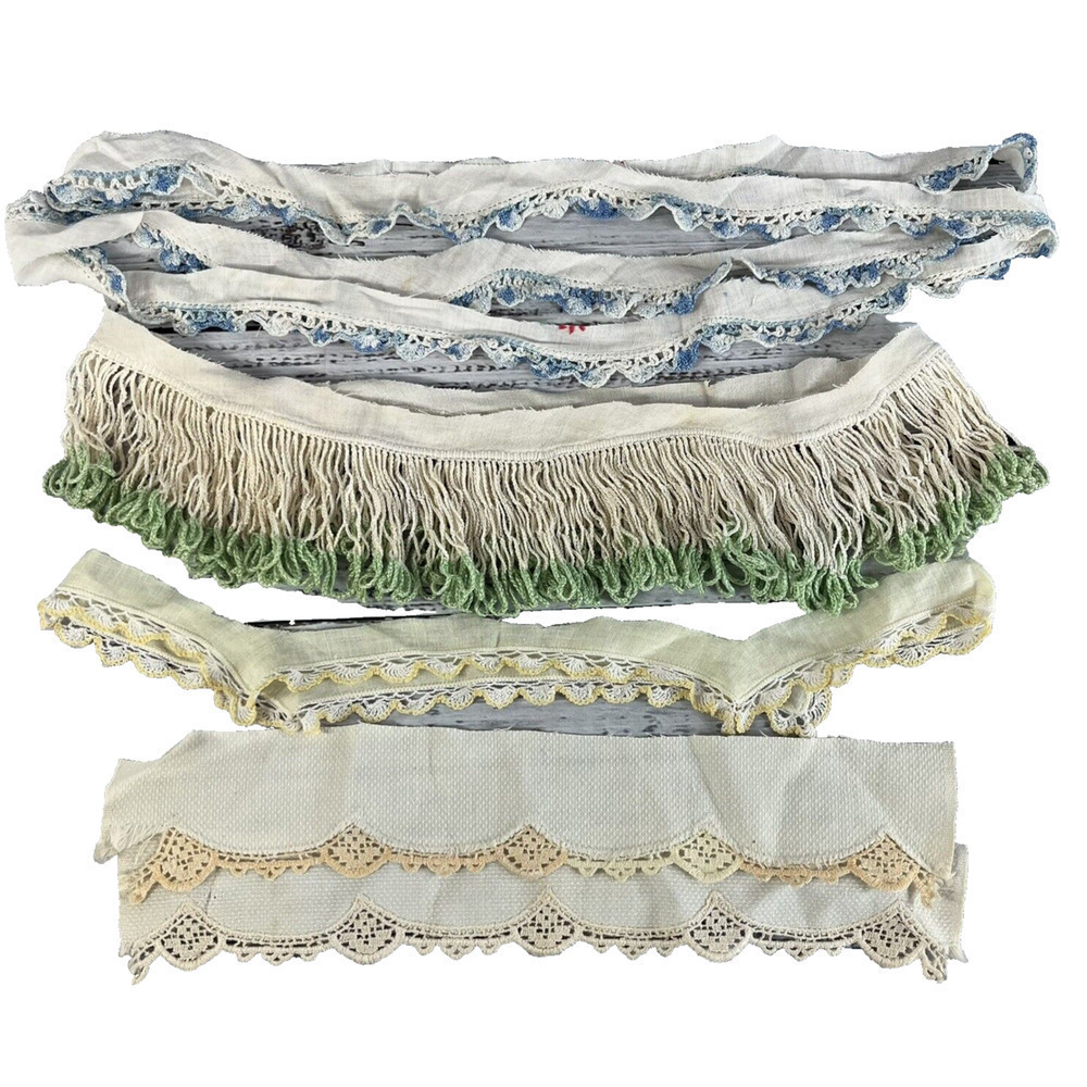 Vintage 5pc Lot of Hankie Trims Crochet Green Fringe Blue Yellow Ivory